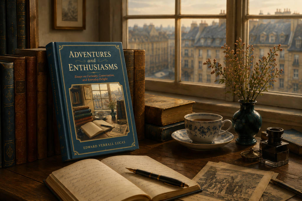 Realistic literary mock-up of Adventures and Enthusiasms by Edward Verrall Lucas standing upright against antique books on a wooden writing desk beside a window overlooking old European rooftops. The deep teal-blue hardcover features elegant gold typography and a framed illustration of books, tea, flowers, and a writing desk. Surrounding the book are leather-bound volumes, an open notebook with a fountain pen, loose illustrated papers, a porcelain teacup, flowers in a vase, and an ink bottle, all lit by warm golden light in a calm, reflective vintage atmosphere.