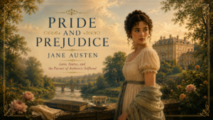 Atmospheric literary illustration for Pride and Prejudice by Jane Austen featuring a thoughtful Regency-era woman standing beside a river terrace at sunset, with a grand English manor, stone bridge, roses, and elegant serif typography in warm muted tones.