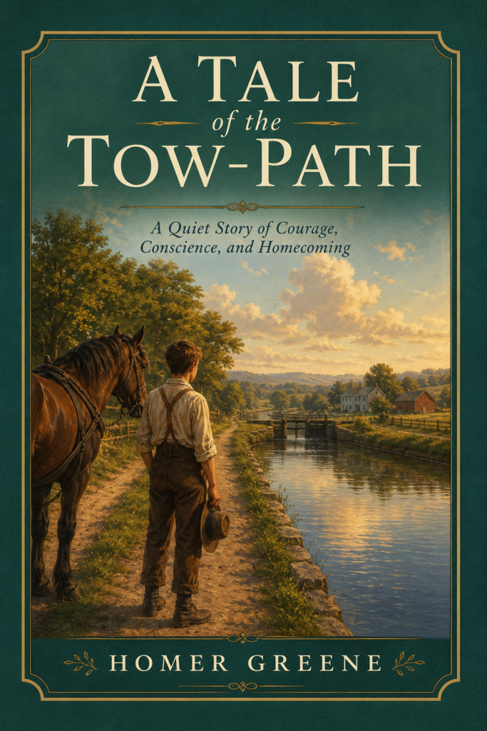 Boy with horse walking along a canal tow path