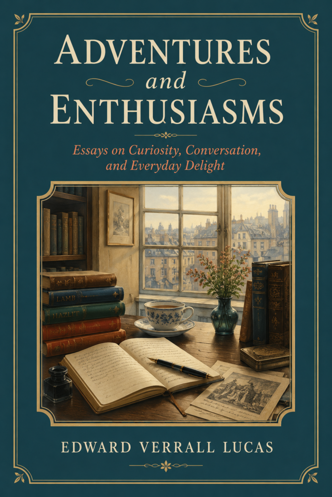 Front cover of Adventures and Enthusiasms by Edward Verrall Lucas. The design features elegant gold typography on a deep teal-blue background with decorative gold borders. The central illustration shows a warmly lit writing desk beside a window overlooking old European rooftops. On the desk are stacked classic books, an open journal with a fountain pen, a teacup, flowers in a vase, loose papers, and an ink bottle, creating a calm, reflective literary atmosphere.