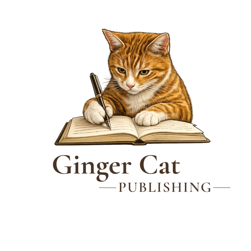 Ginger Cat writing in a books with Ginger Cat publishing written underneath