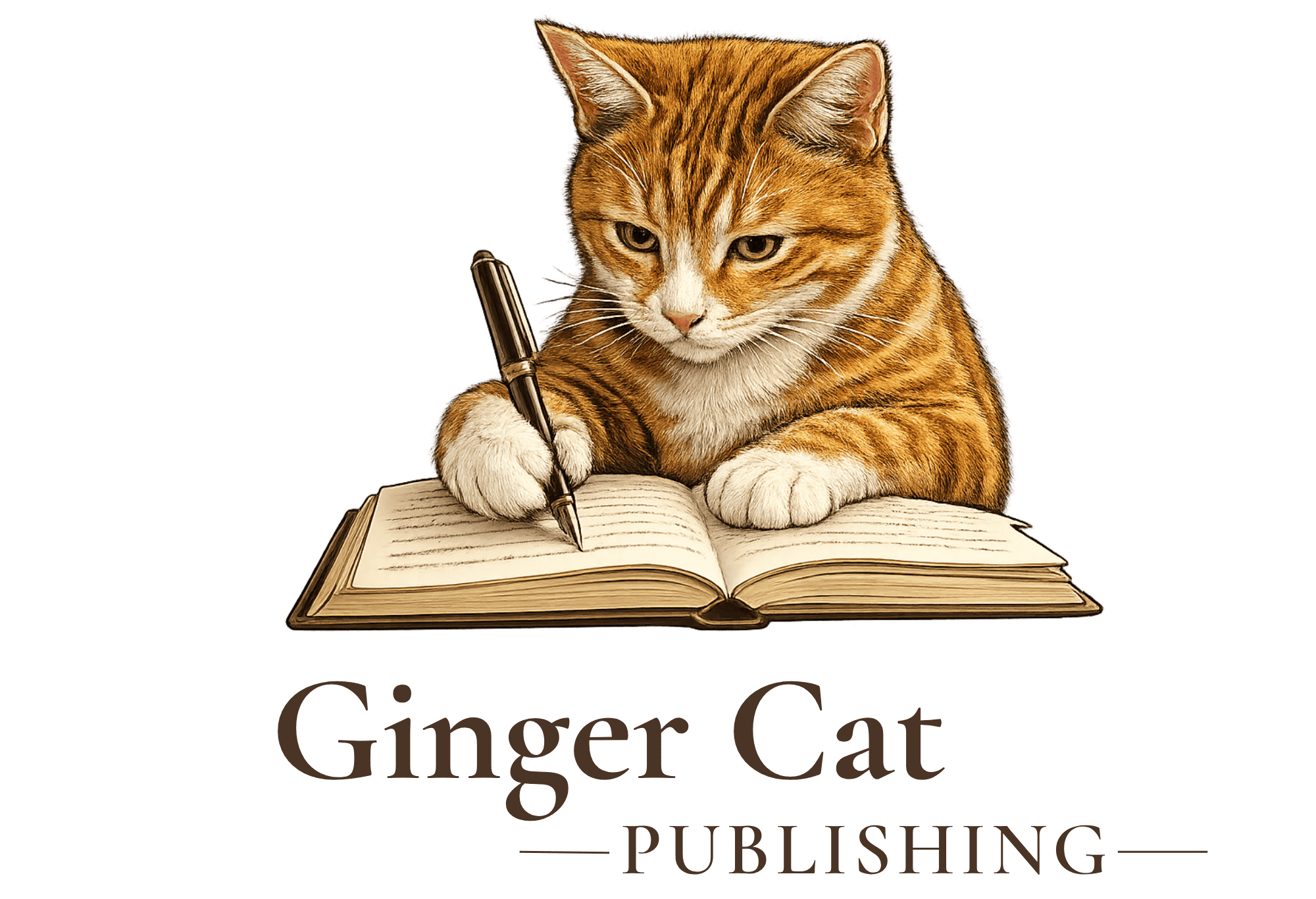 Ginger Cat writing in a books with Ginger Cat publishing written underneath