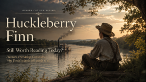 A literary featured image for an article about Adventures of Huckleberry Finn by Mark Twain. At sunset, a young boy in a straw hat sits on a riverbank overlooking a wide river and a distant paddle steamer. Warm golden light reflects across the water while trees frame the scene. Elegant serif typography reads “Huckleberry Finn: Still Worth Reading Today?” with the subtitle “Freedom. Friendship. Conscience. Why Twain’s classic still speaks to us.” The image evokes reflection, adventure, and moral growth in a calm, atmospheric style.
