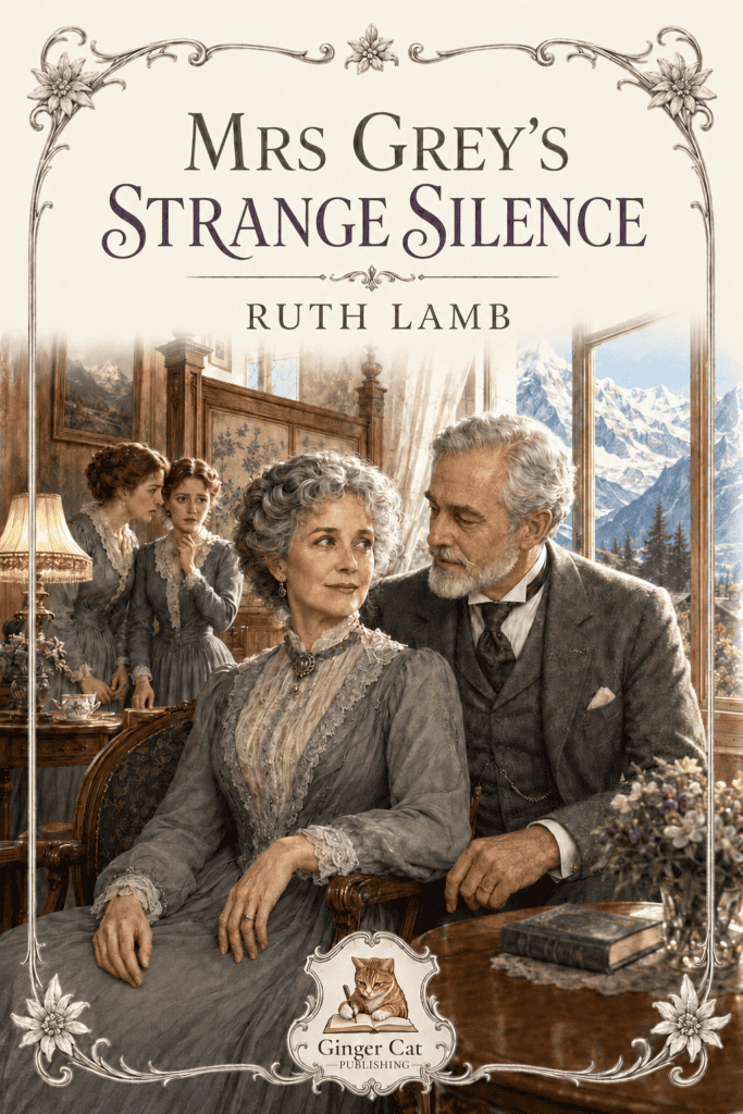 Victorian book cover for Mrs Grey’s Strange Silence by Ruth Lamb, showing an older married couple with two young women whispering behind them.