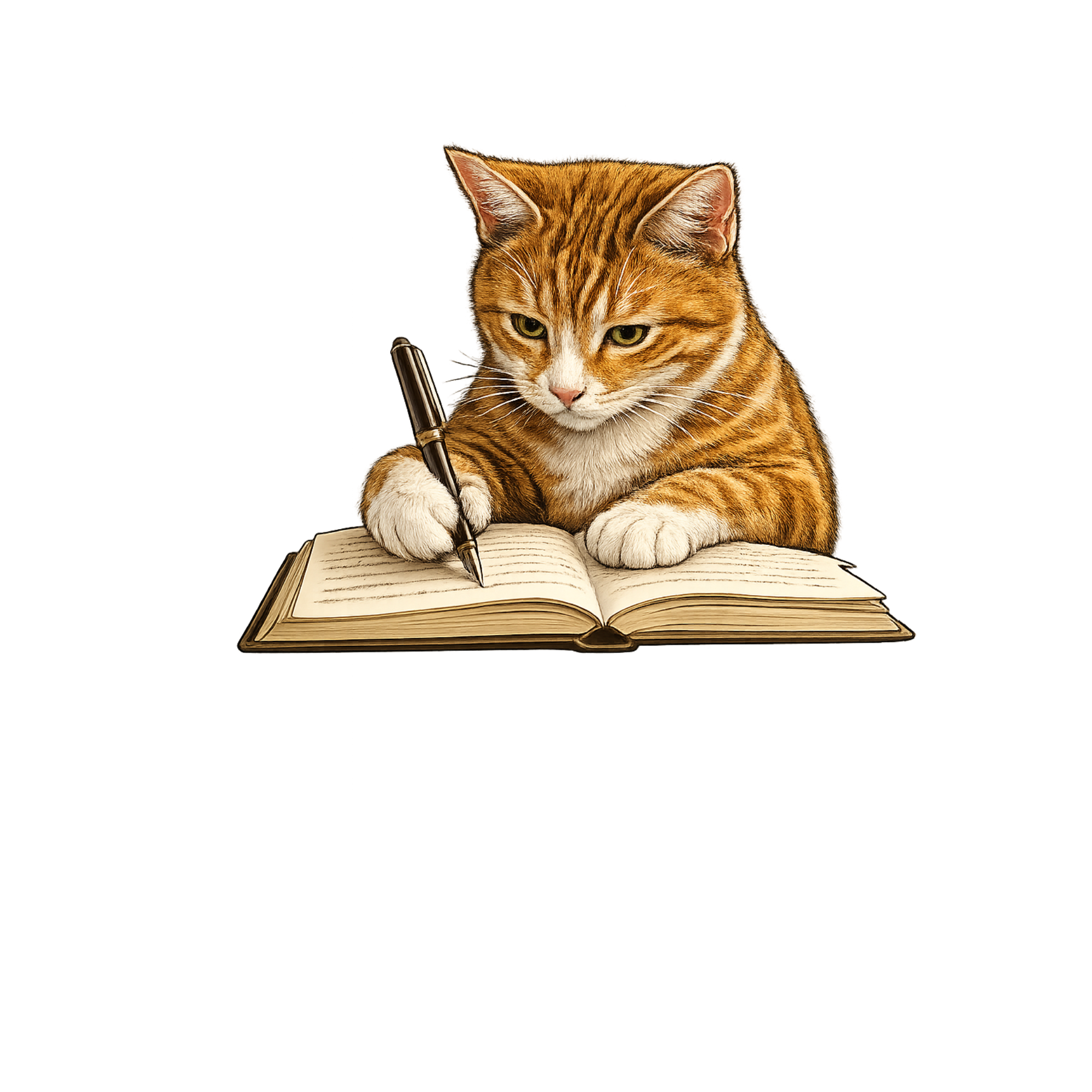 he Ginger Cat Publishing logo displayed on a black background. At the centre, a detailed illustration shows a ginger tabby cat holding a fountain pen and appearing to write in an open book. Beneath the illustration, the words “Ginger Cat” appear in a large, elegant serif typeface, with “PUBLISHING” centred below in smaller capital letters framed by thin horizontal lines. The design combines a warm literary theme with a professional, classic publishing aesthetic.