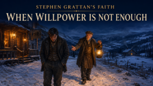 A weary man walks past the warm light of a nineteenth-century Canadian tavern on a snowy winter evening while the older shoemaker Stephen Grattan approaches with a lantern and an outstretched hand. A remote family home glows in the distance beneath the words “Stephen Grattan’s Faith: When Willpower Is Not Enough.”