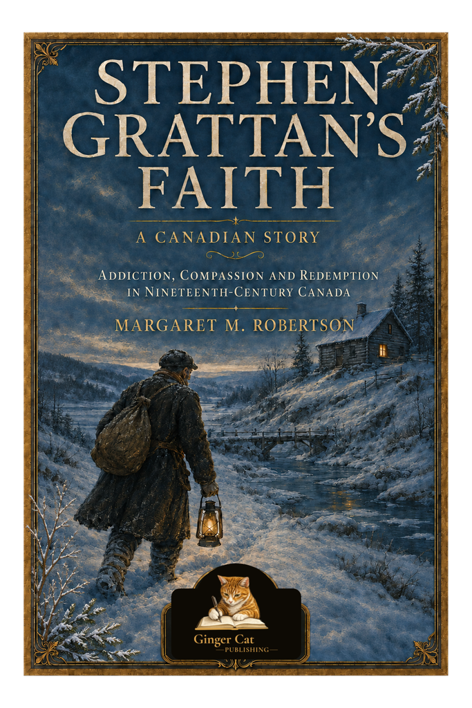 Book cover for Stephen Grattan’s Faith: A Canadian Story by Margaret M. Robertson, showing a man carrying a glowing lantern and sack through deep snow towards a remote log house. A stream and wooden bridge cross the wintry Canadian landscape beneath a dark blue sky, framed in antique gold.